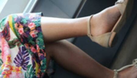 Candid cute feet with sandals, nice legs, coworker foot fetish watching