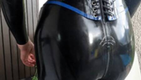 Latex catsuited girl with huge tits visits shop sucking pierced cock PEE and masturbates huge fist shaped dildo in public PART 1