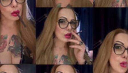 Close-up Black cigarette - Deep Inhales - Multiple pumps - Coughing - Long Hair - Makeup - Long nails - Pink Lipstick