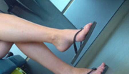 Flip flops dangling, cute feet, foot fetish watching