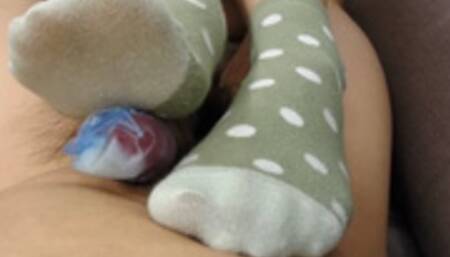 Green socks footjob with see-through toes