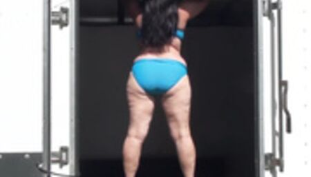 Busty BBW wife fucked next to her husbands truck