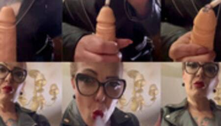 Blowing smoke on the stick and burning the head of the stick with the ember of the cigarette - Marlboro red 100s - Close-up - Leather jacket - Power Smoking - Triple pumps - Multiple pumps - Deep Inhales - Makeup - Lipstick