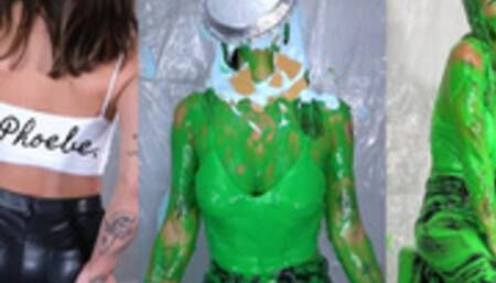 Phoebe Is Green Slimed and Pied in Tight Leather Pants