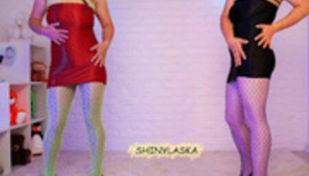 401 Two bitches in layered shiny nylons and fishnets seduce you [4K 60FPS]