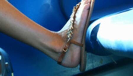 Brat girl with beauty feet with dirty sandal soles on train seat, nice legs, foot fetish watching