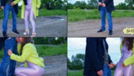 396 IT'S A SHOCK! Exhibitionist met a stranger in shiny spandex [FHD 60FPS]