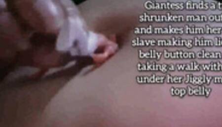 Avi Giantess finds a tiny shrunken man outside and makes him her belly slave making him lick her belly button clean and taking a walk with him under her Jiggly muffin top belly avi