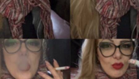 Listening to music and smoking a delicious Marlboro red 100s - Close-up - Leather jacket - Power Smoking - Triple pumps - Multiple pumps - Deep Inhales - Coughing - Makeup - Lipstick