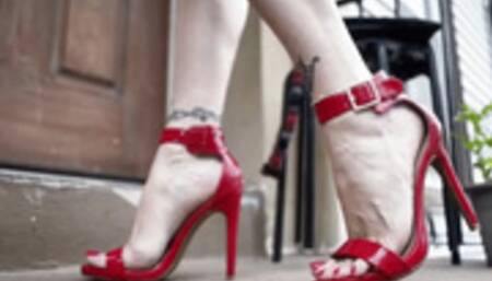 Red toes and stiletto heels tease, long leg, tattooed Hungarian milf foot show