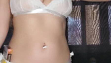 Leti slut smoking in white lace lingerie