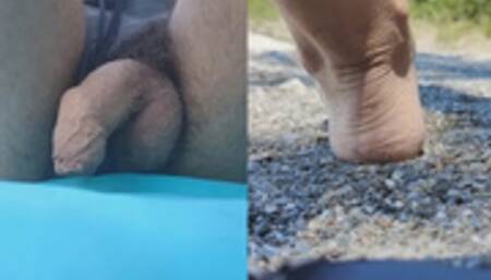 On the public beach, flaccid dick, cock tease and soles