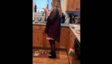 Sexy Santa's Helper Deb Working on Dinner While Seducing Hubby in Lingerie, Black Stockings & Black Suede Chinese Laundry Stiletto Ankle Boots 2