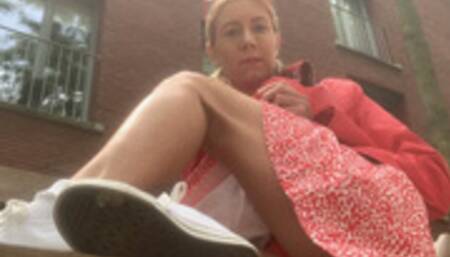 Exhib in red and white outfit