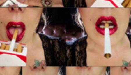 Close-up - Marlboro reds 100s - Power Smoking - Triple pumps - Multiple pumps - Deep Inhales - Coughing - Lipstick