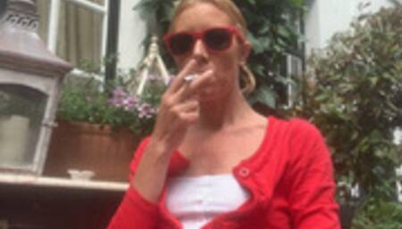 Smoke in red and white outfit