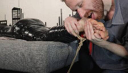 Secret agent's nightmare: foot licking in tight PVC mummification (HD)