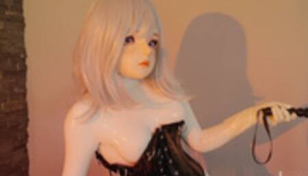 Dominatrix latex kigurumi girl got transformed into a submissive puppy in cage