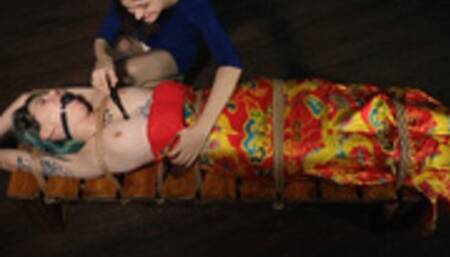 Tied girl in silk dress sensually tickled and made to cum (HD)