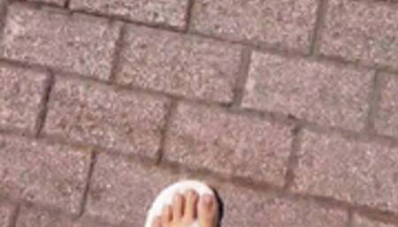 Giantess Lola walks in flip flops Toe Wiggling