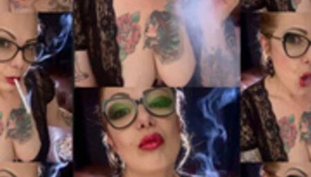 The true meaning of sensuality - Close-up - Long white cigarette - Power Smoking - Triple pumps - Multiple pumps - Deep Inhales - Coughing - Makeup - Lipstick
