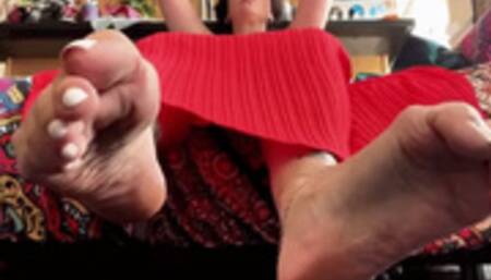 Sexy long dress giantess, face and feet show, big boobs, smoking tattooed milf feet, white toes