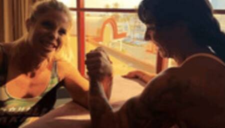 Part 1 Eckobelle vs Sheena in a VERY competitive arm wrestling match