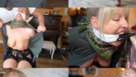 Chair bound predicament for milf damsel Anna, triple gagged