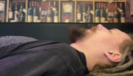 Painfull face and throat trampling in dirty socks on the sofa