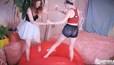 Q765 Cosette and Stashia jump on a huge inflatable tube and deflate it - 1080p