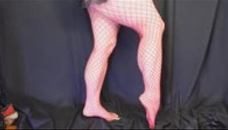 Calf Muscle Flex in Dark Red Fencenet Fishnets and Bare Feet WMV 720