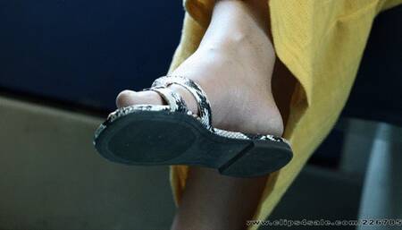 Foot fetish slippers dangling, beauty woman feet , candid shoe fetish watching
