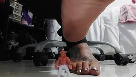 Unaware Underfoot Lolas Boss Shrunk himself to spy on and worship her Wrinkled soles since he knows she takes off her shoes under her desk and stays barefoot but gets stomped on and foot crushed over and over by her huge soles
