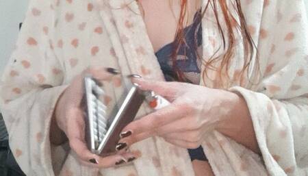 Smoking in see-through lingerie top and wet hair