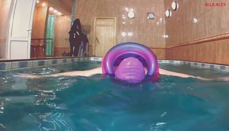 Alla wears an inflatable vest and swimming cap and dives and swims in the pool!!!