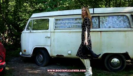 Cassandra Laine Changes from White Knee High Boots to Black Over the Knee Boots in the Bus