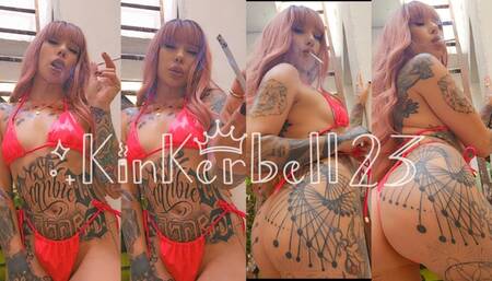 Chain-smoking wearing PVC bikini