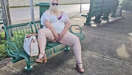 Mature hijab Muslim Milf masturbating publicly outdoor at the bus stop with lots of car passing by
