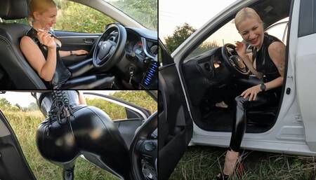 Arrogant Katya revving and smoking on nature