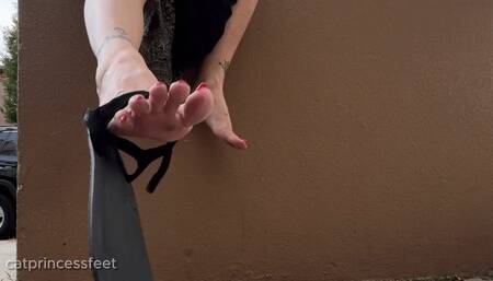 Tight toe loop sandals tease, dangle and difficult removal, milf feet