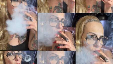 Close-up CIGAR - Smoke rings, Nose exhales, Long Hair, Long nails, red lipstick, red nails