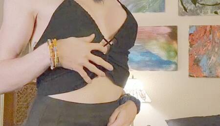 Tgirl in Skirt Shows Tits and Hard Cock