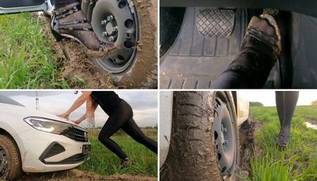 SEXY PREMIERE: Julia stuck hard in deep mud - crazy spinning wheels
