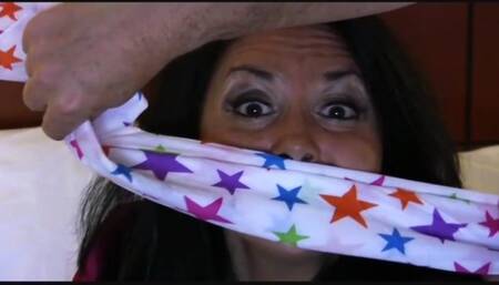 Baby sitter Gina Rae plays escape with rope and a bandana cleave gag