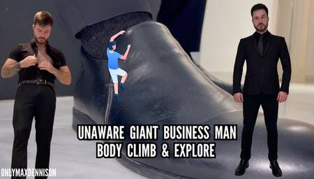 Unaware giant business man Body climb and explore