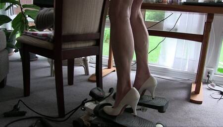 Lilly, her skinny granny legs, the cream pumps, the stepper