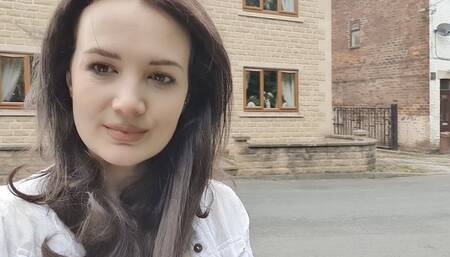 Lilac skirt crouching outdoor wetting peeing