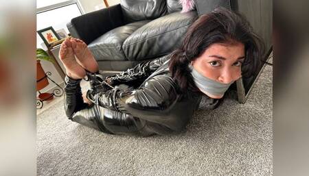 Selftaped in PVC: Handcuffs Hogtie & Latex Catsuit