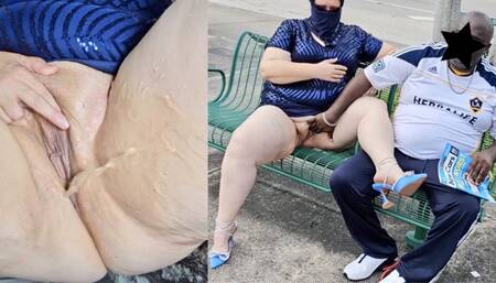 Hijab Muslim Milf let stranger at the bus stop cum twice on her big meaty pussy lips - pissing