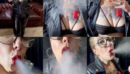 Lady Smoker smoking her Marlboro reds - Crush -Nose exhales - Deep Inhales - Mouth Inhales - Mouth exhales - Genuine leather jacket -PVC Vinyl pants - Boots